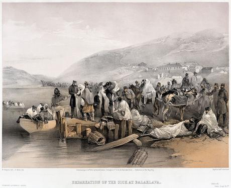 'Inscheping van de zieken  in Balaklava ', litho van William Simpson